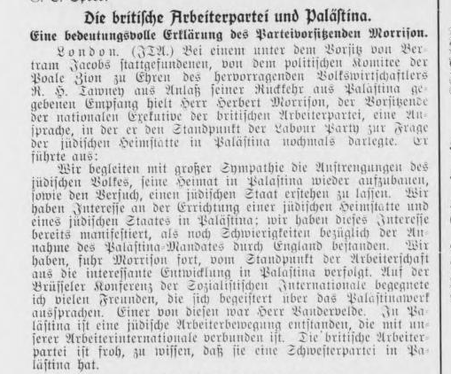Auch 1929 gab es Menschen mit Weitblick - man staunt, sogar in der Labourparty. (Jüdische Wochenzeitung für Cassel, Hessen und Waldeck, 14. Juli 1929) 